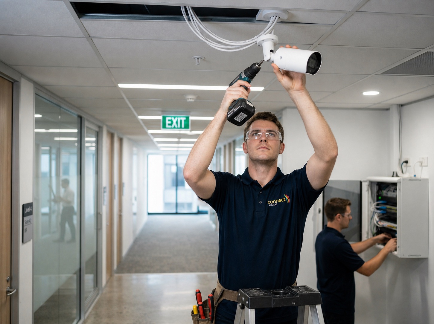 Connect Services technician wearing clear safety glasses during overhead security camera installation