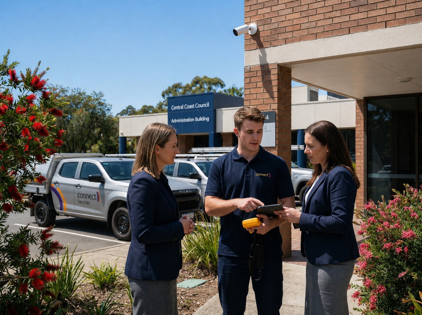Connect Services council security rollout team with silver branded fleet vehicle in the background