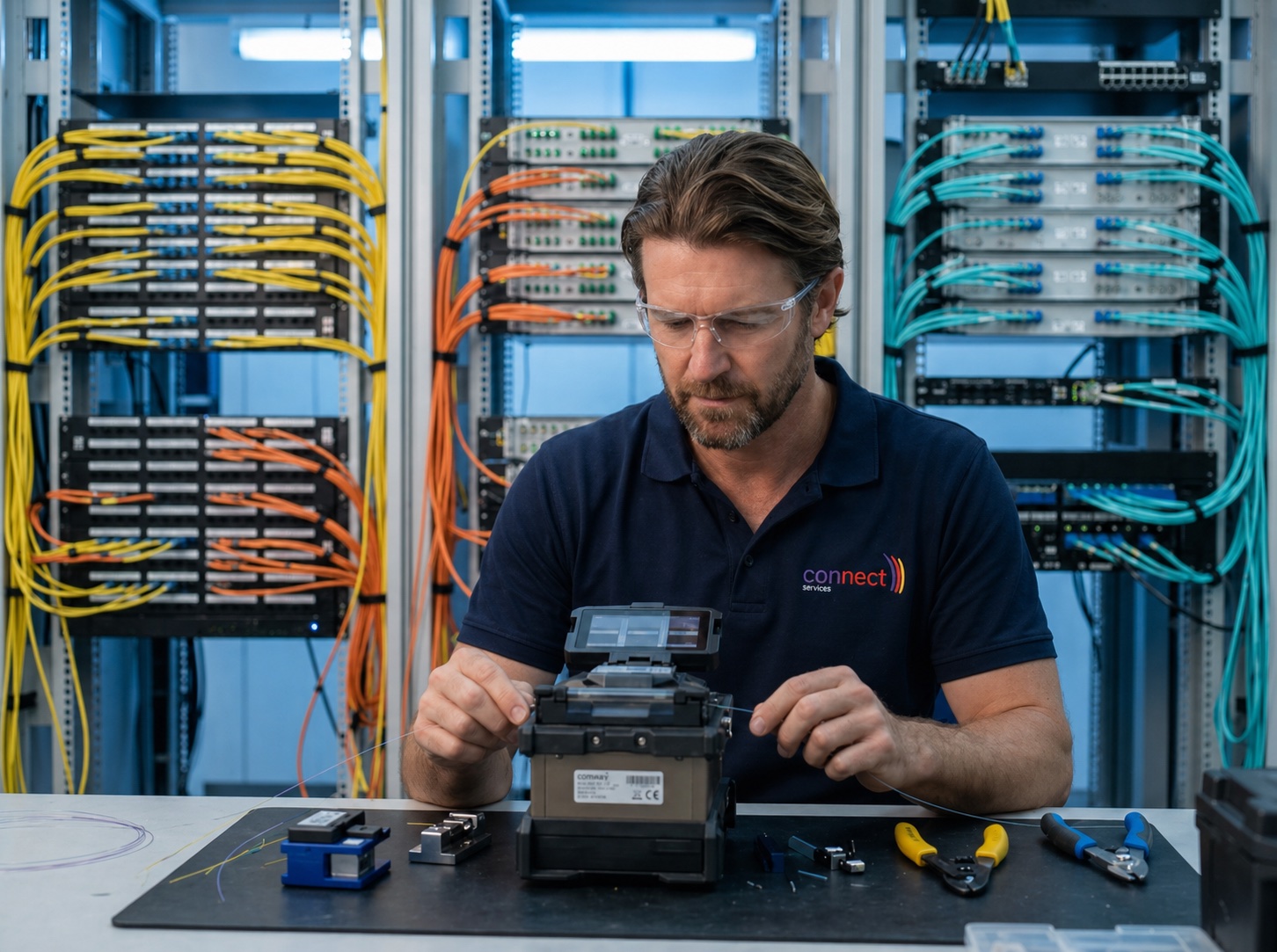 Connect Services fibre technician wearing clear safety glasses while performing fusion splicing