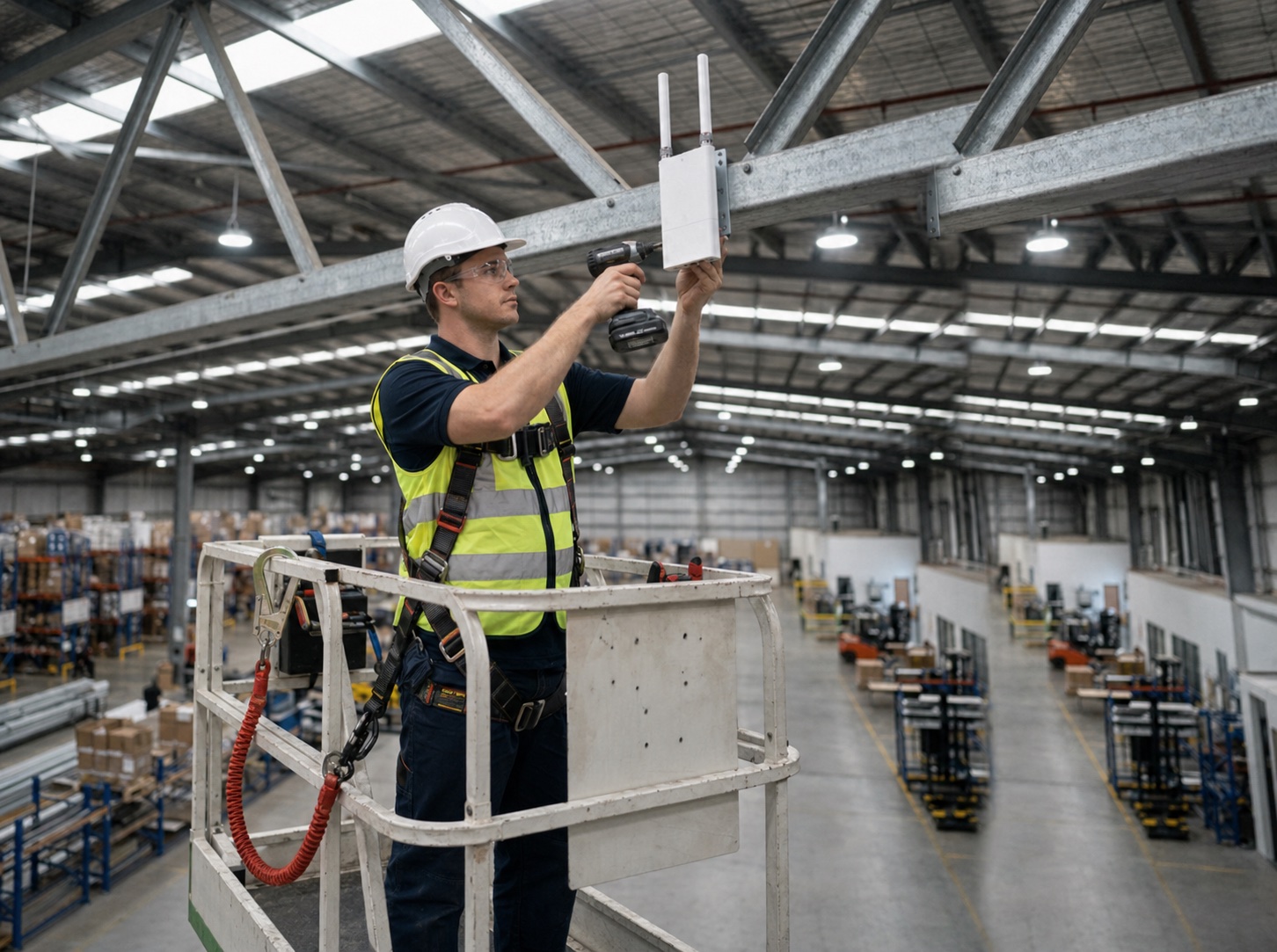 Connect Services technician on an elevated work platform with hi-vis and attached safety harness