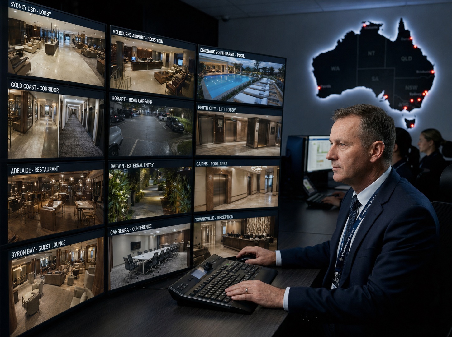 Hospitality security operations control room monitoring multiple Australian properties
